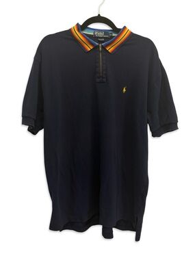 Polo Ralph Lauren Zip Polo Shirt Men's XL Navy 100% Cotton Striped Collar